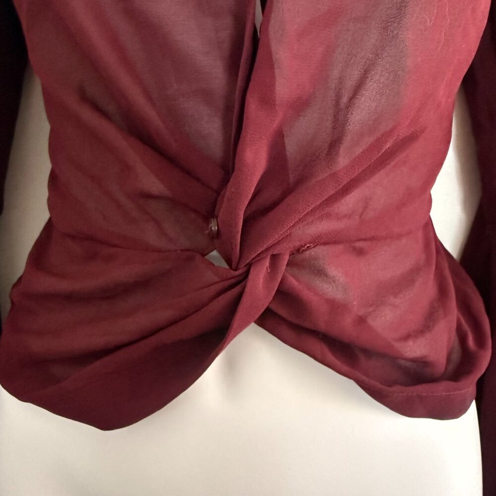 Fashion Nova Burgundy Sheer Twist-Front Blouse | Long Sleeve | Size S - Picture 5 of 12